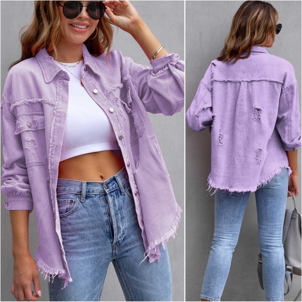 Rugged Vogue Distressed Denim Jacket - Lilac